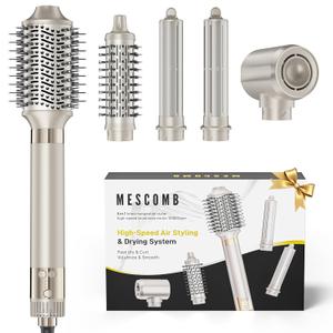 MESCOMB 5-in-1 Hot Air Styler Kit – 110,000 RPM Fast-Drying Dryer, Auto-Wrap Curlers, Straightening & Volumizing Brushes All-in-One (Champagne White)