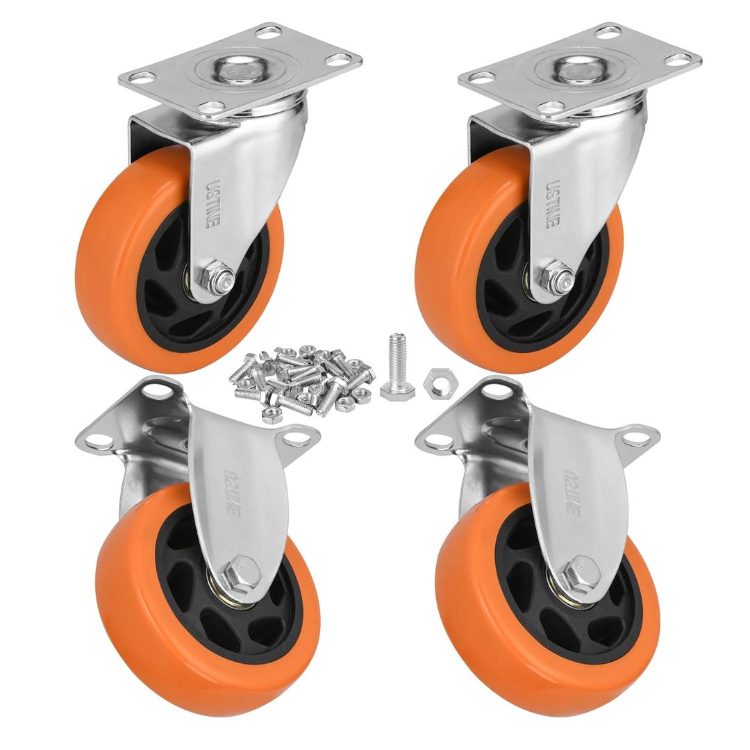 4 Inch Caster Wheels Set of 4 (2 Rigid, 2 Swivel), Ball Bearing 360 Degree Plate Swivel Castors Wheel Load 2200 lbs, Casters for Furniture, Workbench, Dolly, Cart
