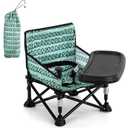 Toddler Booster Seat for Dining Table & Kitchen Chair - Portable Foldable with Removable Tray, Baby Camping Chair 6-36 Months Indoor Outdoor (Green Stripe)