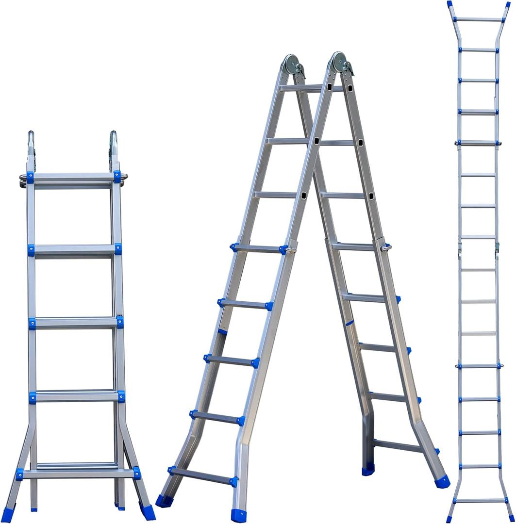 A Frame 5 Step Telescoping Ladder, 16 FT Reach Height Muti Position Folding Ladder with Flared Leg, 330 lbs Bearing Capacity Folding Aluminum Ladder for Stairs Home Indoor Outdoor Roof Use (Blue)