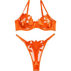 Lilosy Sexy Satin Mesh Floral Sheer Embroidered Underwire Lingerie Set 2 Piece Women (Large, Orange)