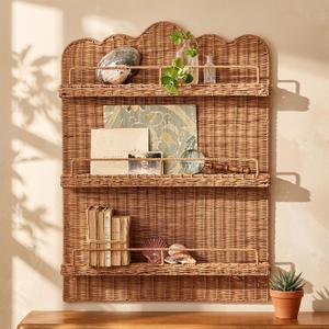 Rattan Wicker Wall Shelf 3 Tier Scalloped Floating Shelves Handwoven Mounted Organizer, Boho Natural Hanging Storage Rack, 25.5 x 2 x 34 In, Living Room, Bedroom, Entryway