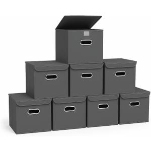 Closet Organizers Fabric Storage Bins With Lids Collapsible Cube Storage Organizer Basket With Handles,Storage Boxes for Clothes Storage,Office,Laundry,Shelves,8 Pack,（Grey）