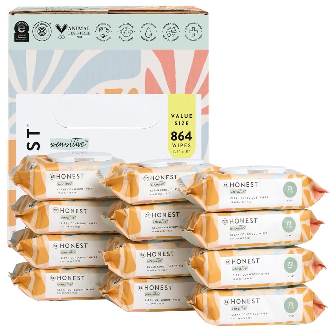 The Honest Company Clean Conscious Multi-Use Wipes | Hypoallergenic + Unscented for Sensitive Skin | Over 99% Water, Compostable, Plant Based, Baby Wipes | Sunburst, 864 Count (72 Count (Pack of 12))
