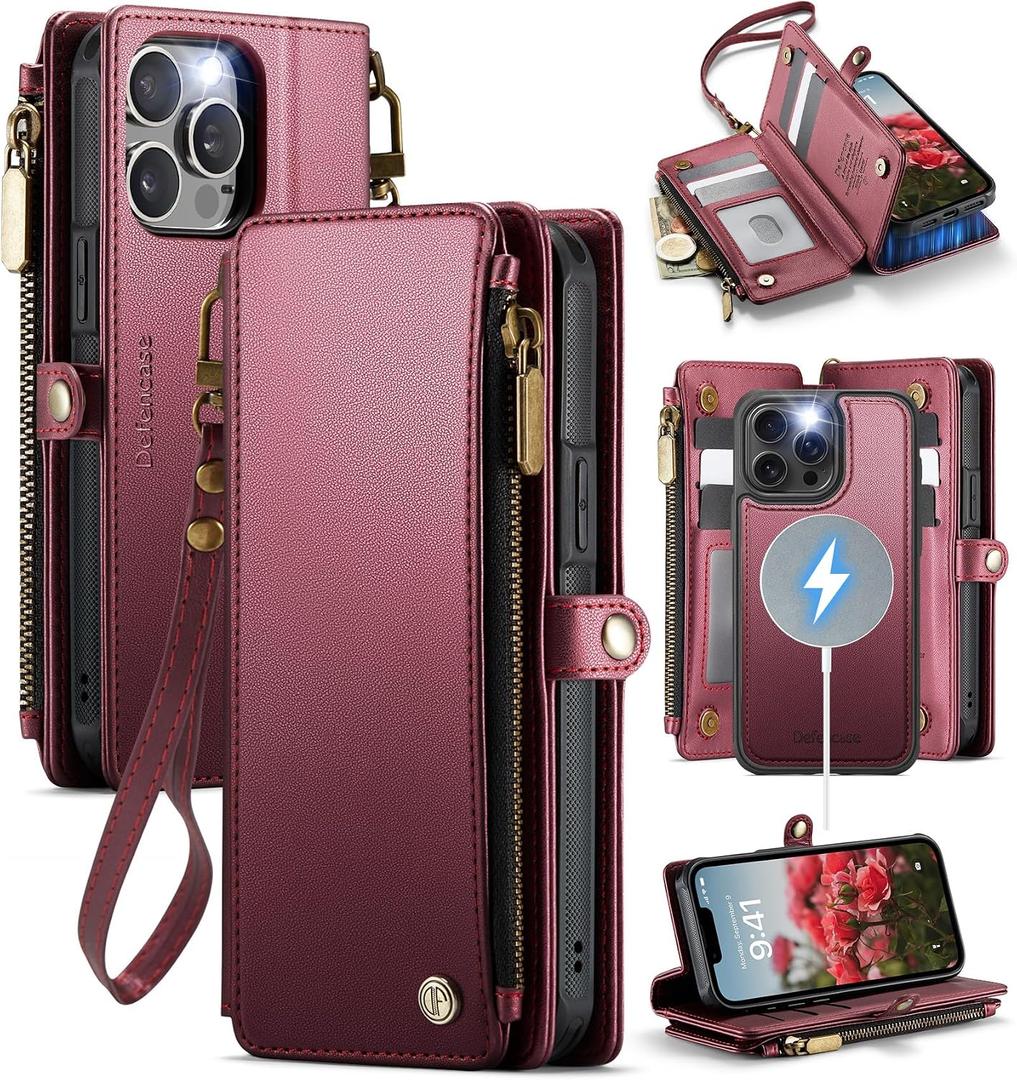Defencase for iPhone 15 Pro Max Magnetic Wallet Case Compatible with Magsafe with RFID Blocking Zipper Strap Card Holder for Women, PU Leather Detachable Case for iPhone 15 Pro Max (6.7"), Wine Red