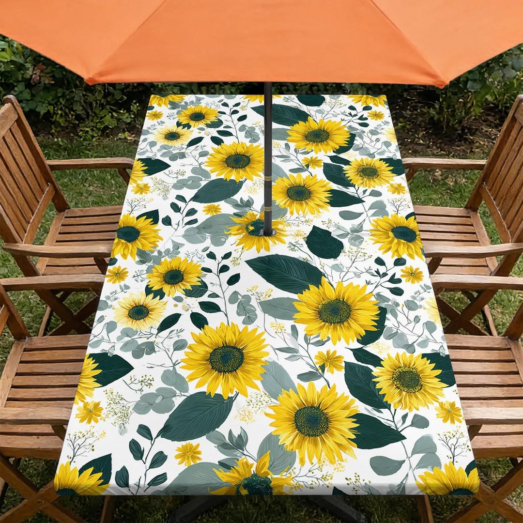 ARTSGOO Rectangle Outdoor Tablecloth with Umbrella Hole and Zipper Waterproof Rectangle Fitted Tablecloth with Elastic Edge, Wipeable Outdoor Table Cover for Patio, Garden, Picnic 48" x 24"