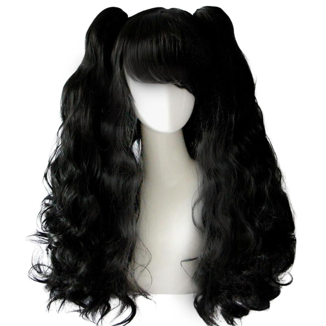 5PCS Set Black Ponytail Wig - Long Black Curly + Wavy Halloween Party Cosplay Wigs - Detachable Ponytails With Wig Cap