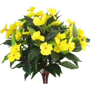2 Pcs Artificial Impatiens Flowers for Outdoors Faux Impatiens Bushes Yellow Silk Flowers Greenery Artificial Impatiens Bouquet for Patio Lawn Garden Pot Hanging Basket Porch Decoration