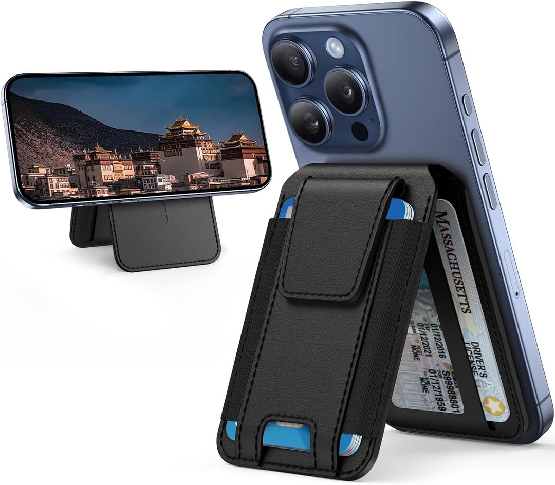 Miracase Magnetic Wallet for Men/ Women, Adjustable Stand & Safety Flap, Compatible with MagSafe Wallet, 3 Slots, 6-8 Card Holder for iPhone 17/ 16/ 15/ 14/ 13/ 12 Series, RFID Blocking, Black