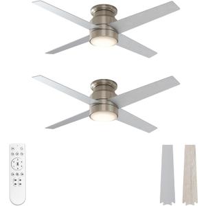 warmiplanet Flush Mount Ceiling Fans with Lights and Remote Control, 52-Inch, Brushed Nickel, 4-Blades, 2 Pack