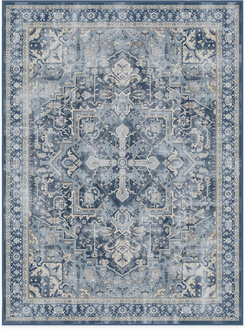 RUGGABLE Washable Vintage Area Rug  Kamran Admiral Blue 9x12, Stain-Resistant, Non-Slip with Standard Pad  Large Machine Washable Rugs for Living Room, Bedroom, Hallway, Entryway & Office
