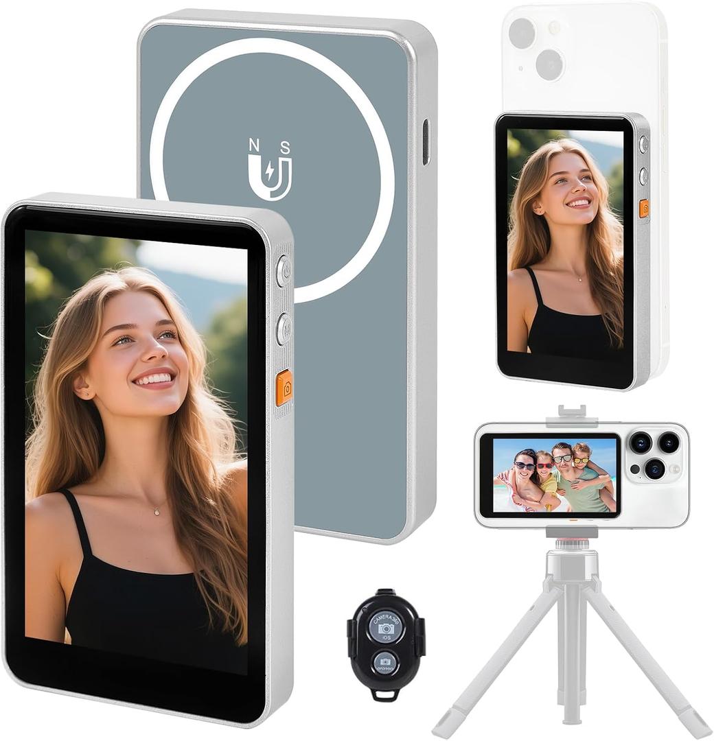 Magnetic Phone Vlog Selfie Monitor Screen for iPhone & Android, Wireless Connection, Bluetooth Remote Control, Rear Camera Monitor for Selfie, Vlog, Instagram,Live Stream, TikTok