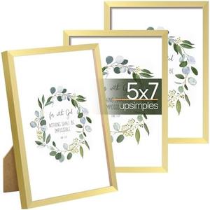 upsimples 5x7 Picture Frame Set of 5, Made of High Definition Glass for 5 x 7 Gold Frames, Wall and Tabletop Display Thin Border Photo Frame for Home Décor