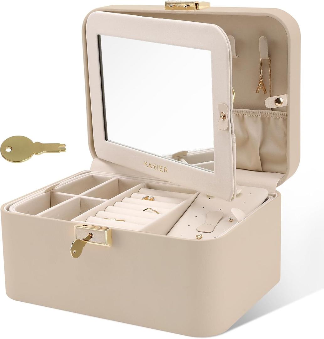 Upgraded Jewelry Box, 2 Layers PU Leather Jewelry Organizer for Women with Lock and Mirror, Hidden Necklace Hook and Removable Divider Large Capacity Travel Jewelry Box Ideal for Gift-With Gift Box (Beige)
