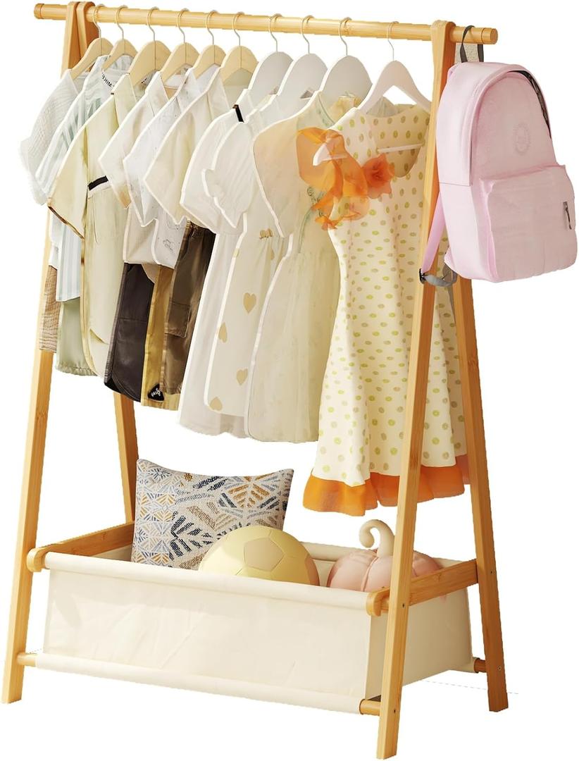 Dress Up Rack - Clothing Rack with Storage Box, Dress Up Storage, Small Foldable Bamboo Garment Stand with Hanging Rods, Dress Up Holder