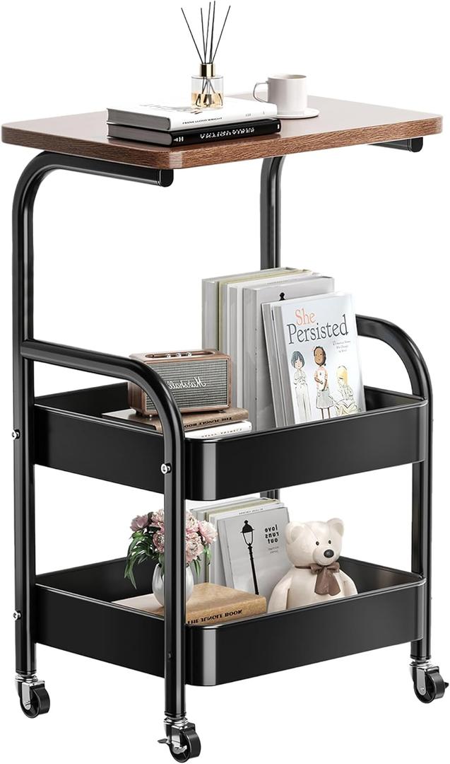 Y YOMA 3 Tier Rolling Utility Cart with Table Top, Metal Storage Organizer with Wheels for Small Space, Office, Kitchen, Bathroom, Dorm, Coffee Station - Black