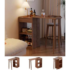 Solid Wood Counter Height Table - Modern Coffee Bar Table with Rotating Top, Extendable Breakfast Bar Table with Open Shelving for Small Spaces Apartment Living Room