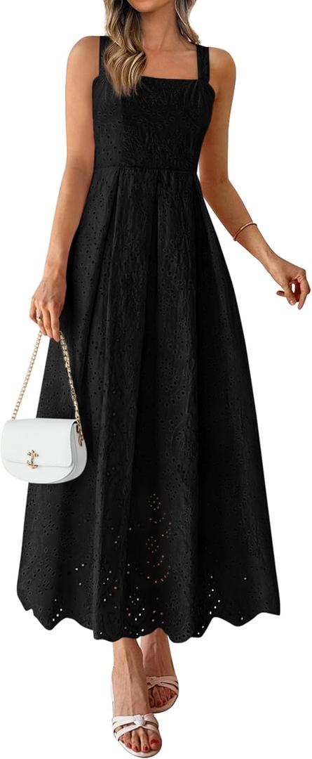 PRETTYGARDEN Womens Sleeveless Maxi Summer Dresses 2026 Hollow Out Eyelet Square Neck Ruffle Flowy Beach Vacation Sundress, Small 