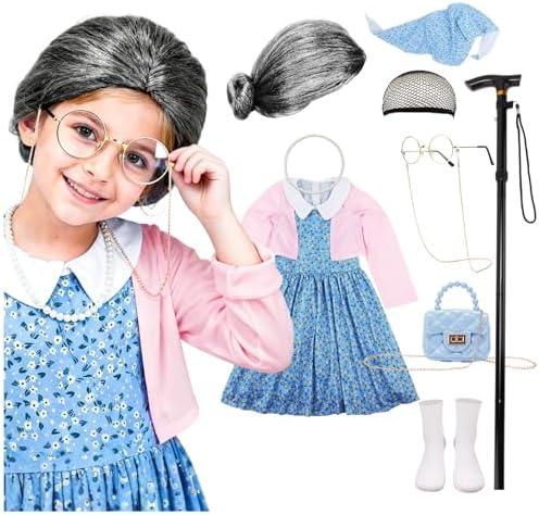 AXINYINGESS 100 Days of School Old Lady Costume Grandma Dress Up Set for Girls Costumes Granny Outfit Kit, Size 120, 5-7Y