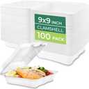 Freshware Clamshell Food Containers with Lids [9x9 100-Pack] Disposable To Go Containers, Biodegradable Sugarcane To Go Boxes - Paper Food Container - Microwave & Freezer Safe, Stackable