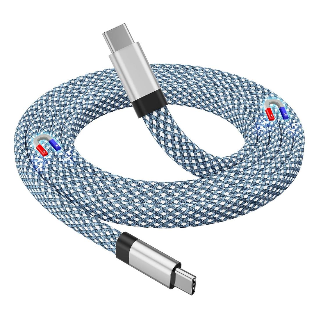 USB C Cable, Magnetic USB C to USB C Cable 60W(3A), Coiled USB C Cord 3.3ft, Nylon Braided Flat Type C Fast Charging Cable Compatible for USB C Device for Pad for Samsung Galaxy, Blue