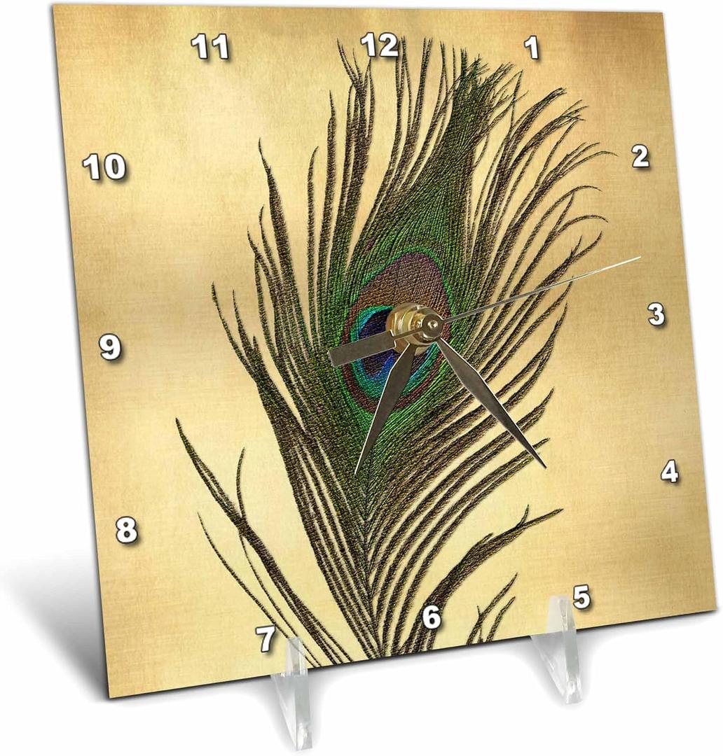 3dRose dc_172148_1 Elegant Peacock Feather on Gold Desk Clock, 6 by 6-Inch