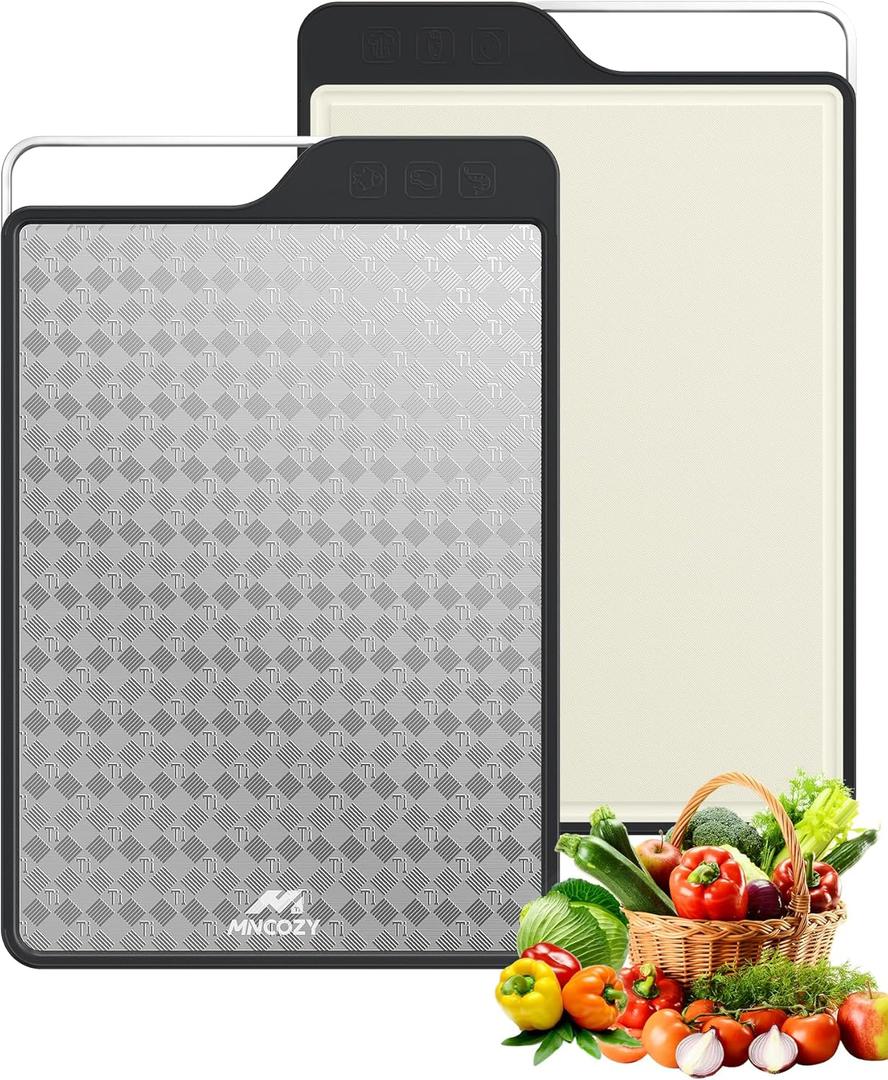 Titanium Cutting Board for Kitchen, Double-Sided Pure Titanium(Checkered Design) & Wheat Straw PP, Food Grade Chopping, Non Toxic, Easy to Clean, 16"11"