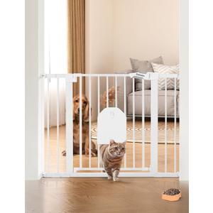 Babelio Auto Close Baby Gate with Cat Door,29-43" Metal Gate for Doorway,Stairs, House,Easy Walk Thru with Pet Door,Includes 4 Wall Cups and 3 Extension Pieces,White