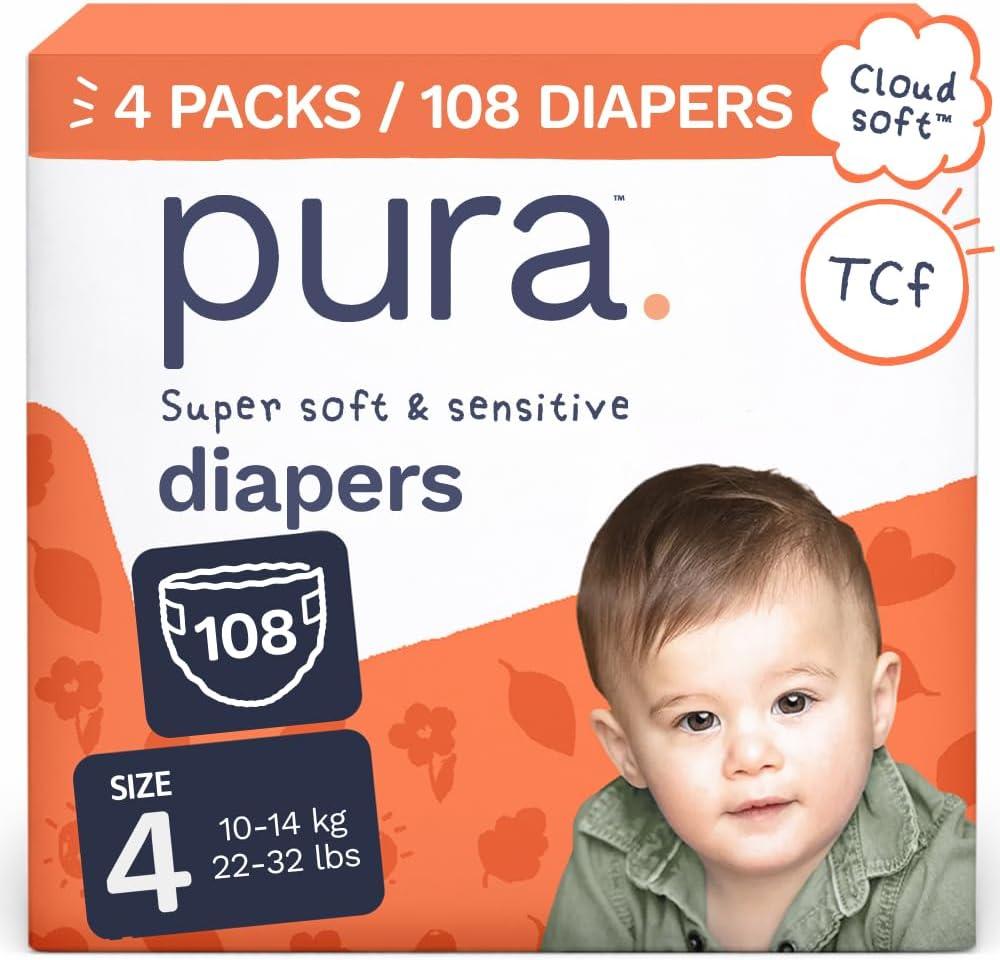 Pura Baby Diapers Size 4 (22-32 lbs) 108 Count Sensitive Skin | 12 Hour Leak Protection, New Blowout Blocker, Cloud Soft, Totally Chlorine Free*, Allergy UK Certified