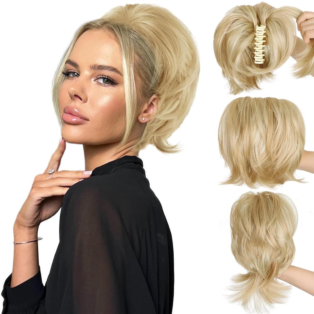 Short Straight Claw Clip Ponytail Extension with 4 DIY Bendable Metals, Synthetic Messy Bun Hair Piece for Women with Thinning Hair, Heat Resistant Fake Hairpiece, Dirty Blonde (8 Inch)