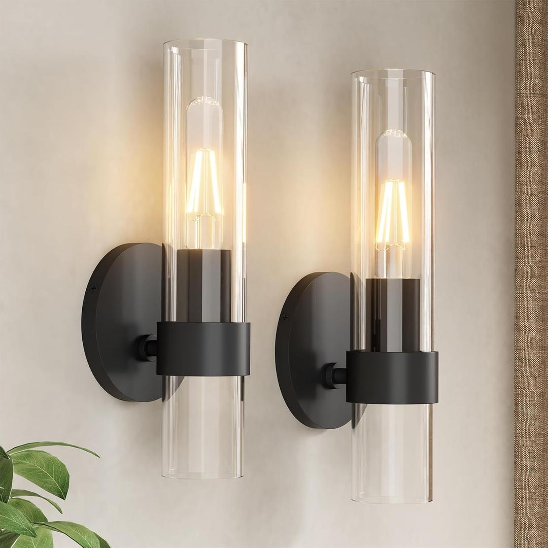 Wall Sconce Set of Two, Hardwired Bathroom Wall Sconces Lighting with Clear Glass, Modern Wall Sconces Set of 2 Wall Light fixtures for Bathroom Mirror Living Room Hallway Bedroom(Black)