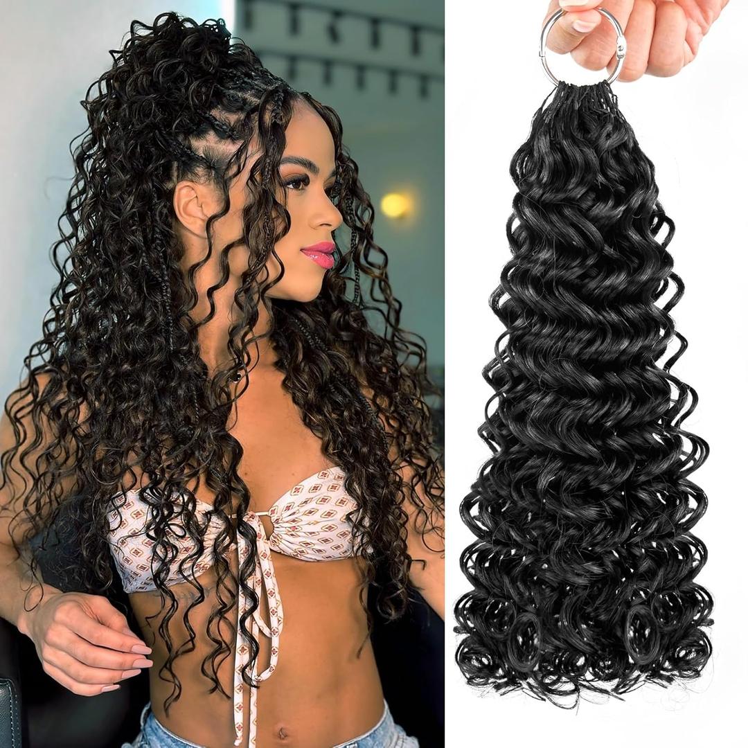 Human Crochet Hair Deep Wave Curly Feather Crochet Real Human Hair 22 Inch Reusable Invisible Knotless 100% Virgin Human Hair Crochet Bundles for Boho Braids 60g 50 Strands Natural Black