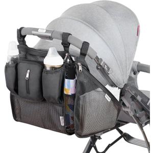 SUNVENO 2-pack Universal Stroller Organizer Caddy with Cup Holders, Wipes Pouch and Extra Storage, Zippered Mesh Side Sling for Pushchair, Black