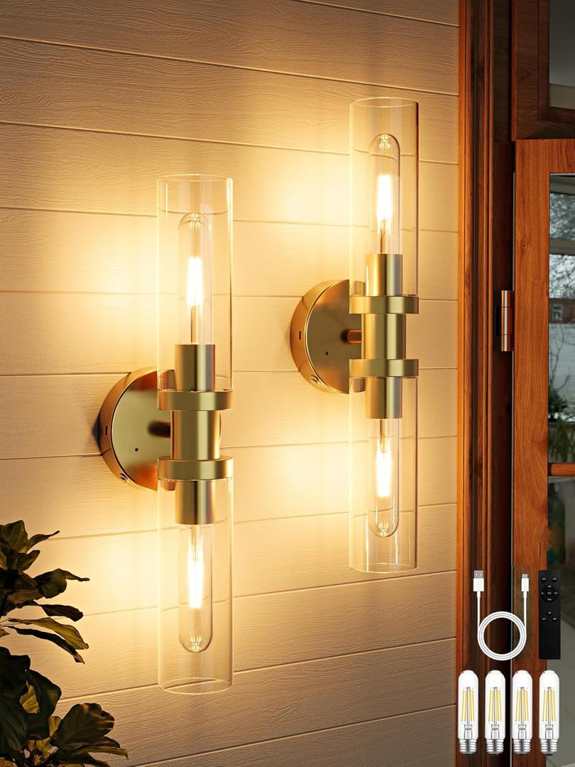 Battery Operated Wall Sconces Set of 2, Rechargeable Wireless Wall Lights Remote Control, 10000mAh Not Hardwired Timer Dimmable Wall Lamps for Living Room Bedroom Entryway Entryway Gold 16.5 Inch