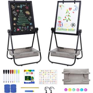 maxtek Kids Easel, 24x18in Adjustable Double-Sided Whiteboard & Chalkboard 360°Rotating, Magnetic Standing Art Easel Kids for Boys and Girls 3+ with Drawing Accessories, Black