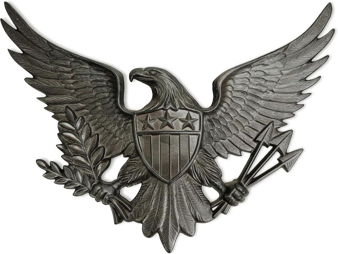 Linton Arts Cast Iron Black Eagle Wall Decor, Outdoor Metal Eagle Statue for Wall Art, Patriotic Decor with Shield, Indoor Outdoor American Wall Hangingeagles wall decor