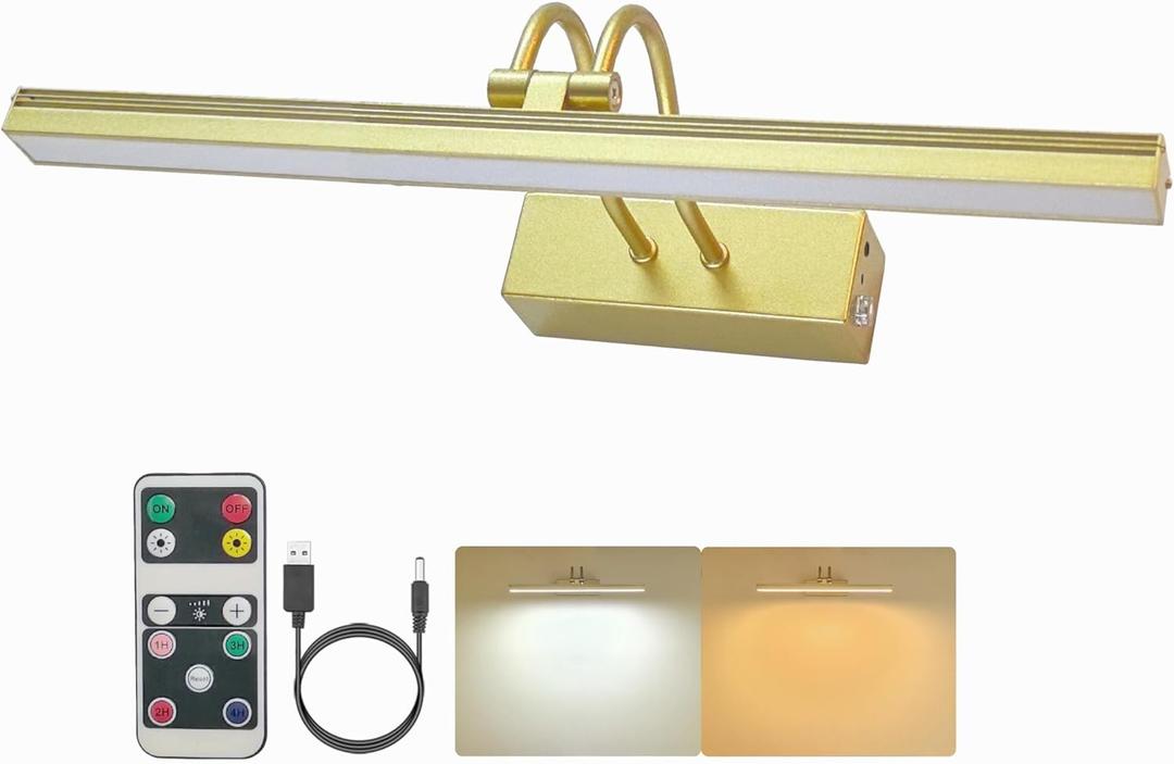 Wireless Picture Light Rechargeable, 2 Colors Painting Lights with Remote, Dimming Gallery Picture Frame Lights for Wall, Art, Photo, Portrait, 13inch(Gold)