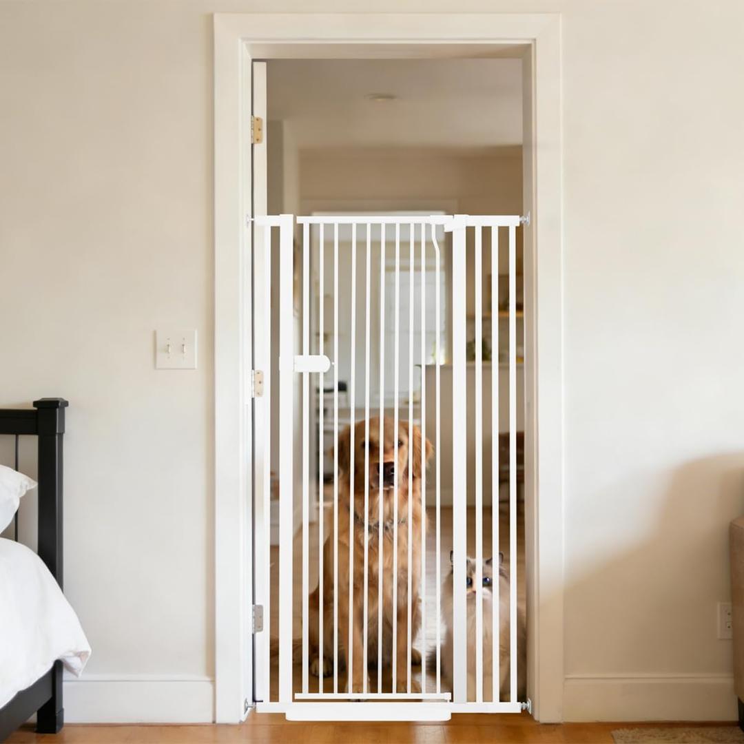 Lumizone Extra Tall Cat Gate 55.12" High Pressure Mounted Extra Wide 2025 New (17 Sizes) 1.37" Gap No Drilling Auto-Close One-Handed Operation Tall Pet Gate for Dogs (White, 55.12" H x 34.25"-38.38" W)