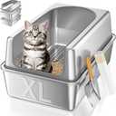XL All Stainless Steel Sifting Litter Box with Lid,Sifting Cat Litter Box for Wood Pine Pellets,High Sides Sifter Litter Pan System,Odor Control,Easy to Clean,with Liners and Scoop, Silver 