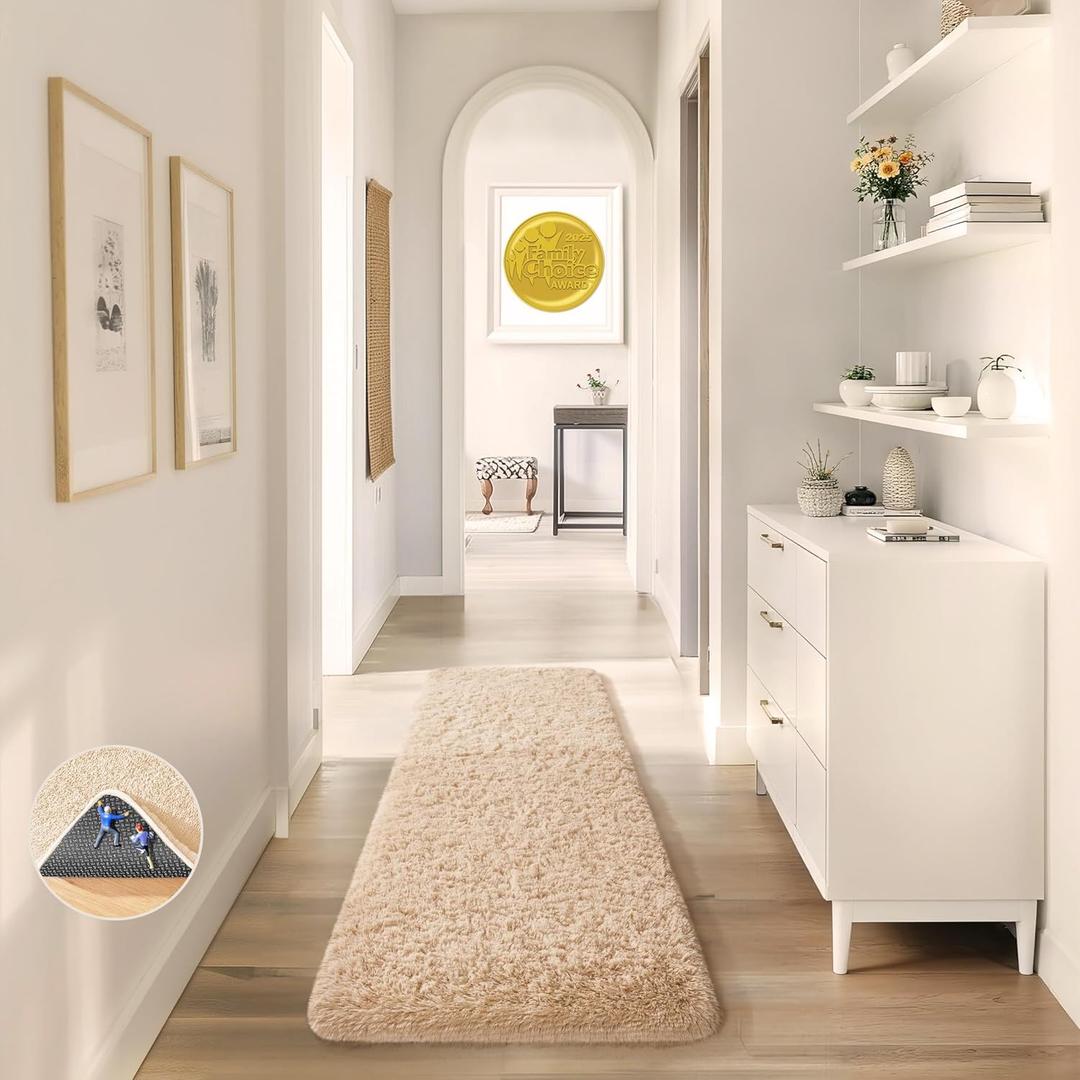 Ophanie Runner Rug for Hallway, 2x6 Upgrade Non-Slip Fluffy Soft Bedside Rugs, Bedroom Living Room Beige Shaggy Carpet for Kids Girls Boys Dorm Nursery Home Decor Aesthetic