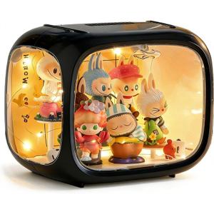 Clear Acrylic Display Case for Figures with LED Light, Dustproof & Moistureproof Display Stand with Door, Storage Box for Lego Collectibles, Action Figures, Pop Mart and Model Toys (Black)