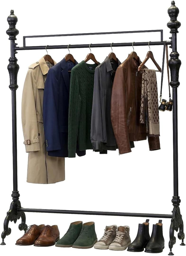 47.2" Industrial Clothing Rack Heavy Duty - Black Iron Garment Rack for Retail Display & Home - Vintage Coat Rack Stand for Hanging Clothes, Jackets, Dresses - Commercial Grade Sturdy Metal Organizer