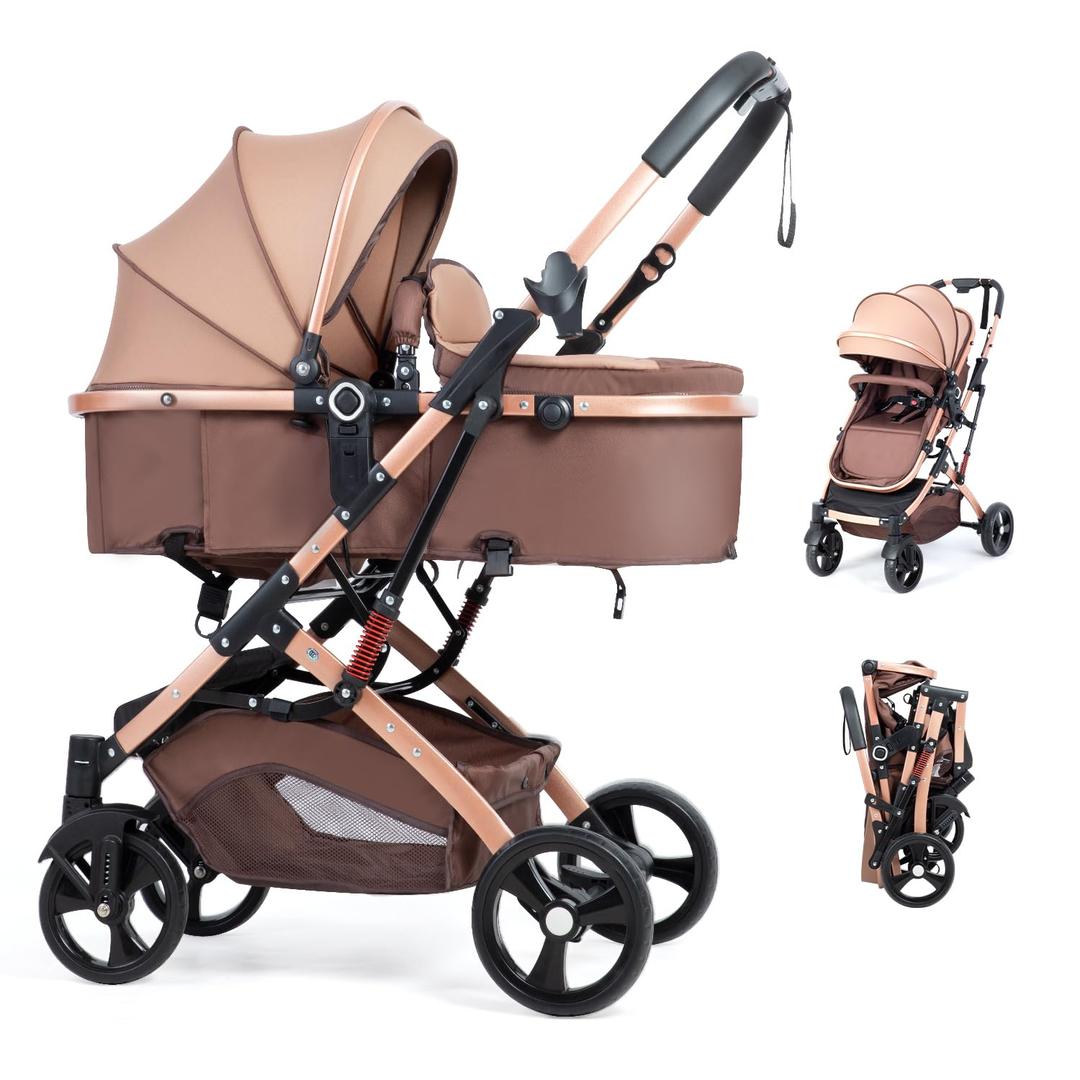 2 in 1 Baby Stroller Newborn Foldable Pushchair with Adjustable Canopy Folding High Landscape Infant Carriage, Anti-Shock Toddler Pushchair