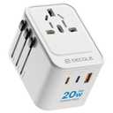 decqle Universal Travel Adapter, International Travel Plug Adapter with 2 USB-C(PD 20W) ＆ 1 USB-A Ports, All in One Portable Adaptor, for USA, UK, EU, AU ＆ 224+ Countries (White) US