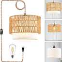 Boho Plug in Pendant Light Rattan Hanging Lights with Plug in Cord,Indoor Hanging Lamp with Dimmer Switch,Wicker Bamboo Woven LampShade Hanging Lamp Plug in for Bedroom Living Room Kitchen Island (12, two layers-shape)