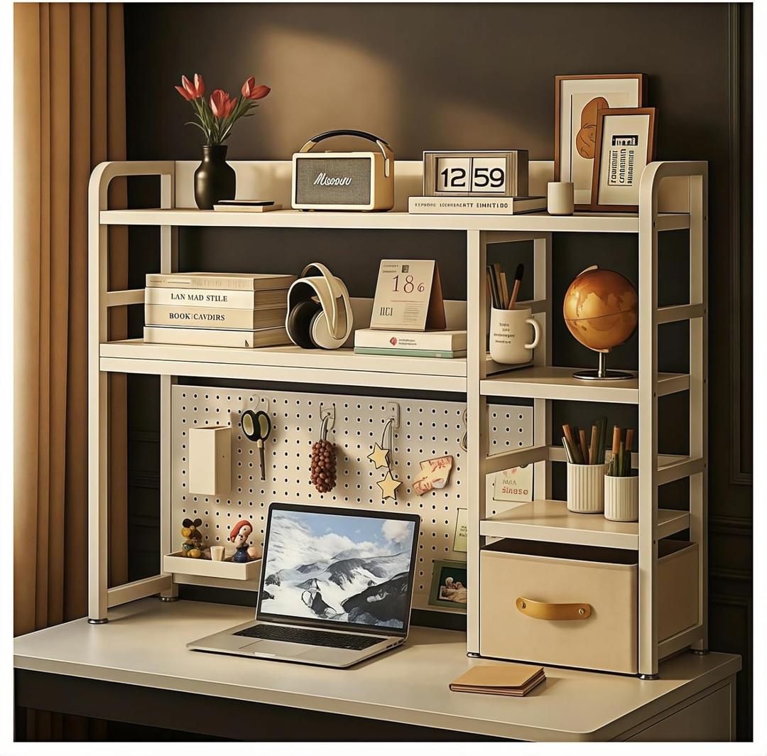 Desktop Bookshelf, pegboard Storage and Organization Rack, Dorm Desk Shelf, Desk Hutch, Desktop Storage for Office, Study, Student Display Rack,Desktop Shelves (White 37.4" Lx9.9 Wx37 H)