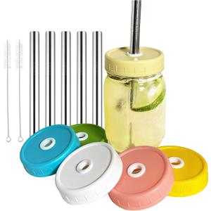 Mason Jar Lids, 6 Pack 86mm Wide Mouth Mason Jar Lid with Straw Hole for Ball Caning Jar - Drinking Coffee, Smoothies, Boba-Milk Tea, Dishwasher-safe & Leak-proof