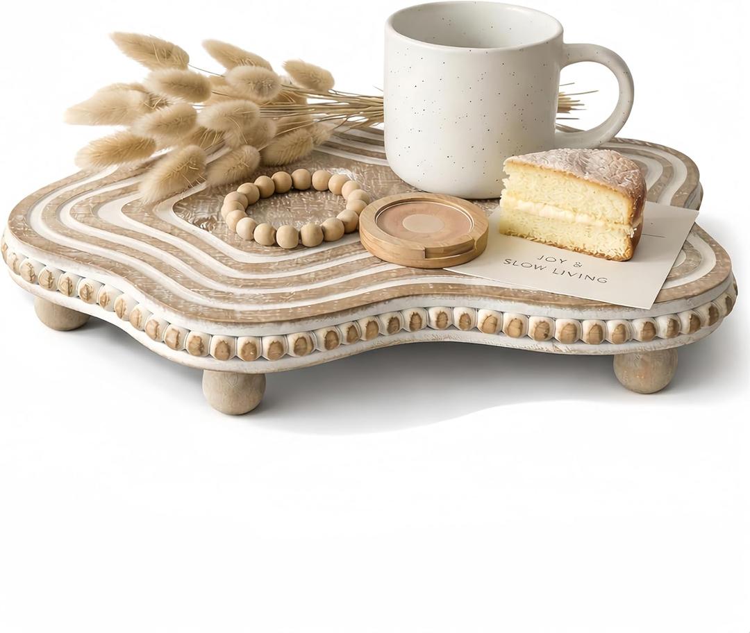 Round Wooden Tray Riser - Decorative Pedestal Stand with Removable Feet, Farmhouse Wood Tray & Vanity Organizer for Kitchen Counter, Boho Home Decor, White Washed (11.6in)