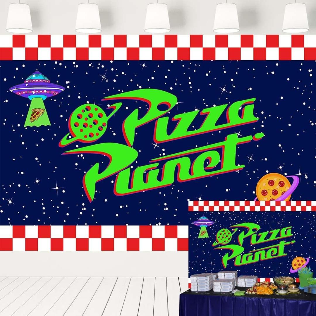 Pizza Party Backdrop Planet in Blue Star Sky Backdrop Cartoon Story Space Theme Banner for Birthday Baby Shower Decorations 7x5 ft 36