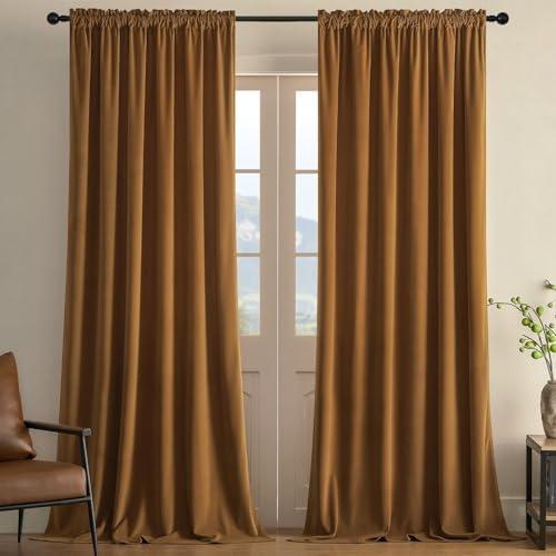 Joydeco Camel Brown Velvet Curtains 84 inch Length 2 Panels, Luxury Blackout Rod Pocket Thermal Insulated Window Curtains, Super Soft Room Darkening Drapes for Living Room Bedroom,W52 x L84 inches
